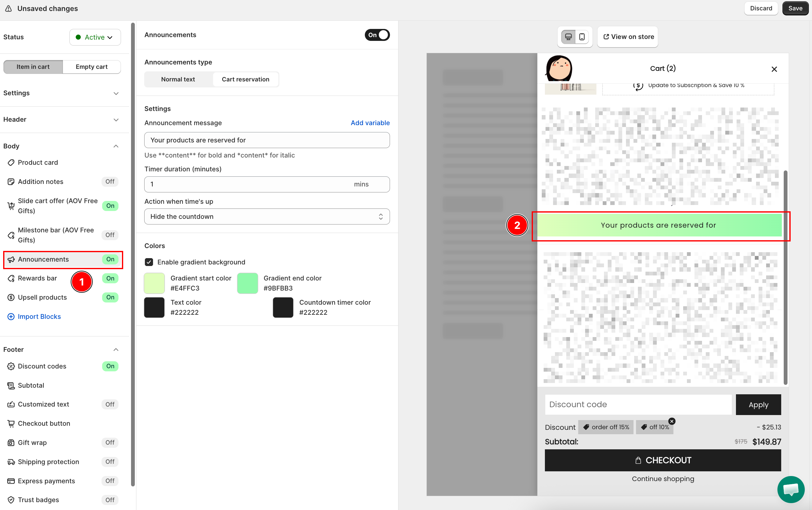 Announcements settings and preview