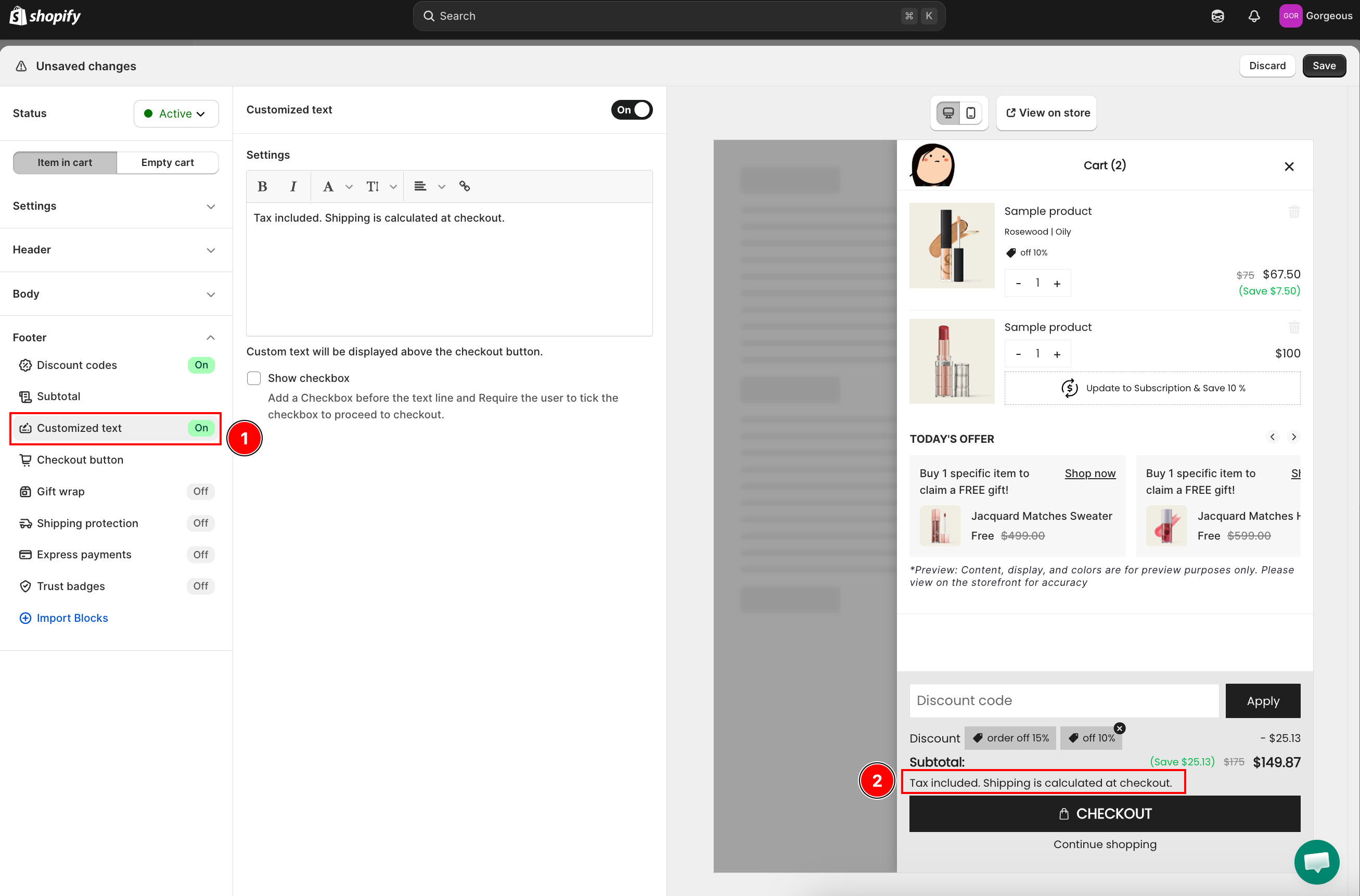 Customized text section open in the Cart Editor