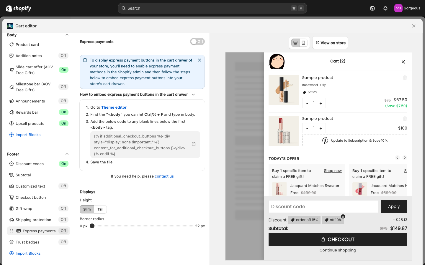 Express payments section open in the Cart Editor