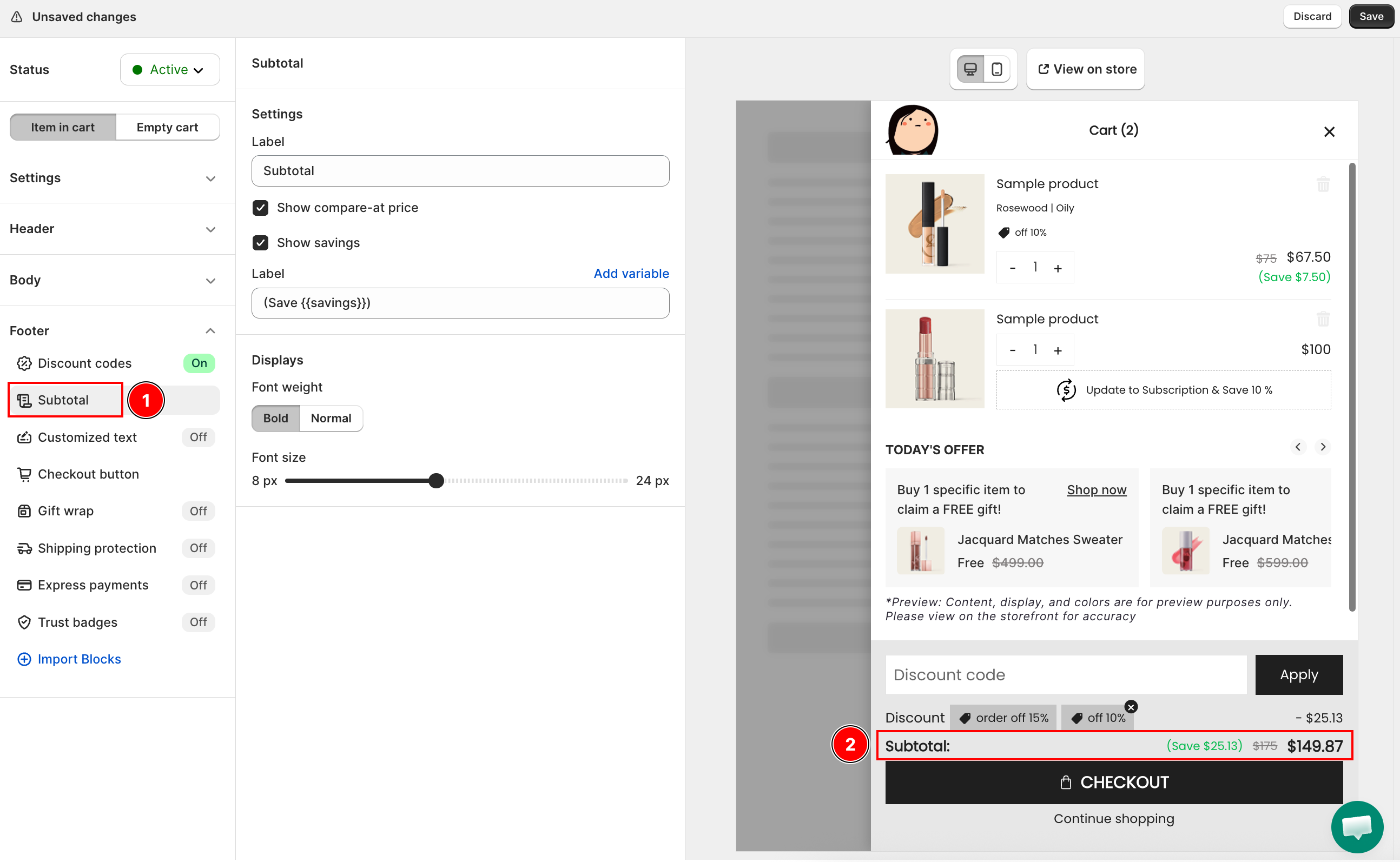 Subtotal settings