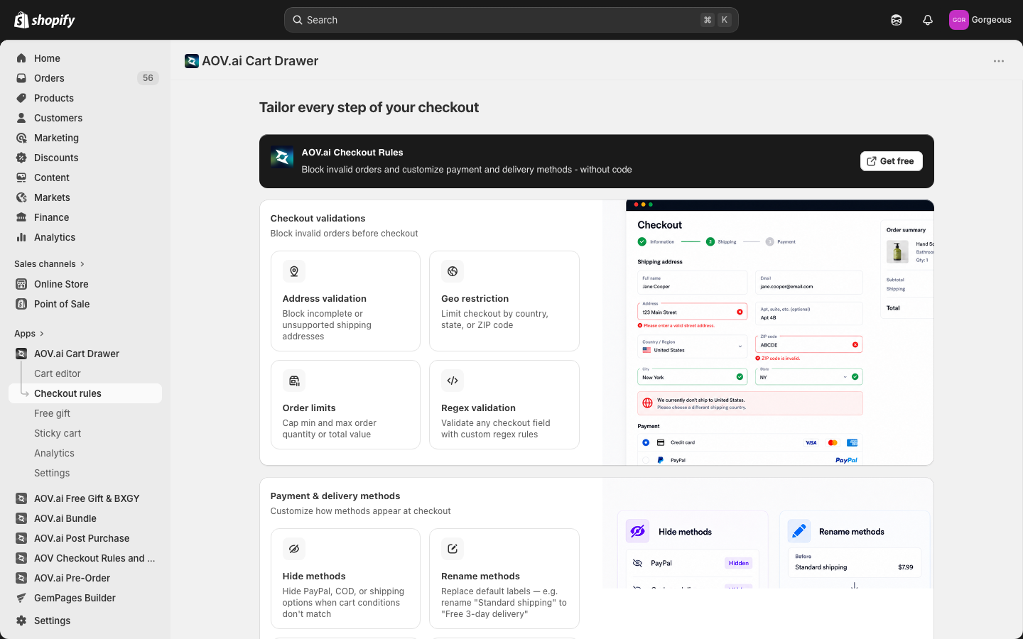 Checkout customization page