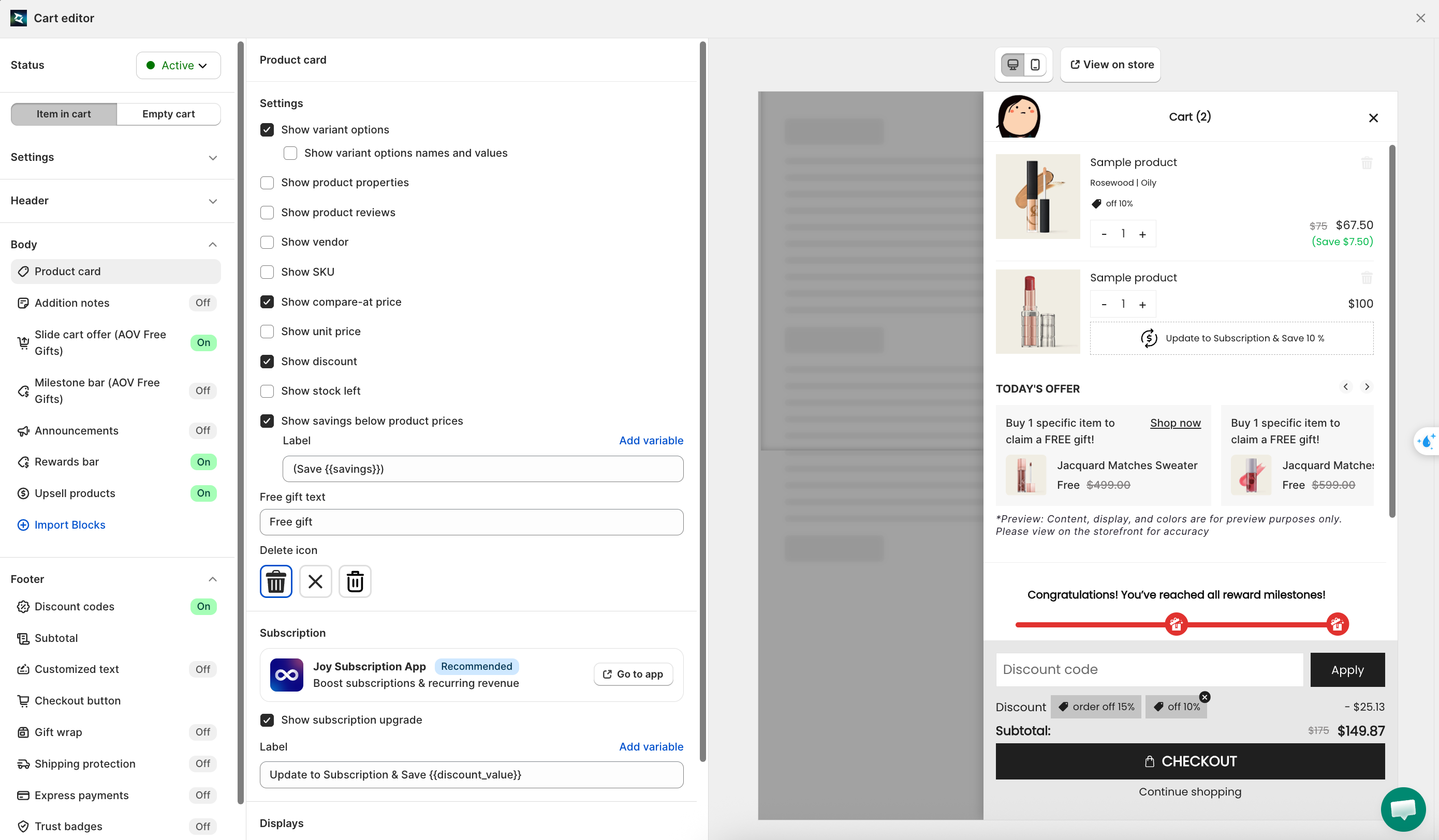 Product card settings