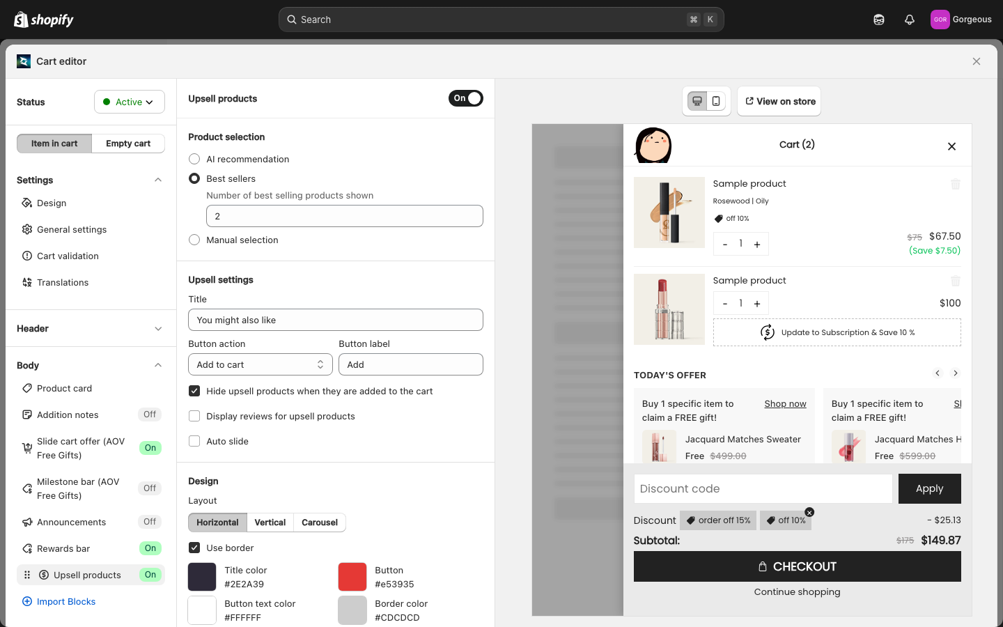 Upsell products settings with the Display reviews for upsell products checkbox
