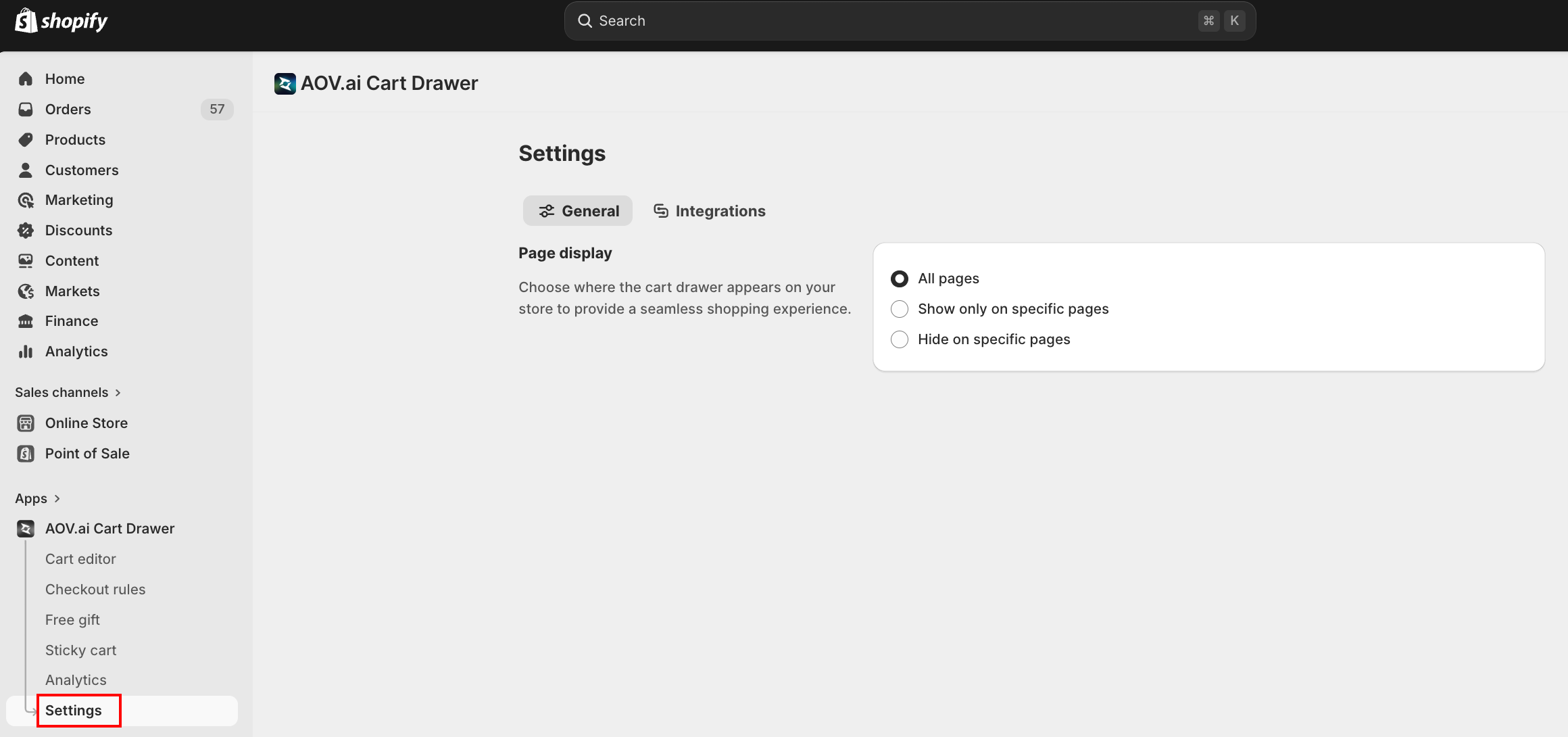 Settings General tab
