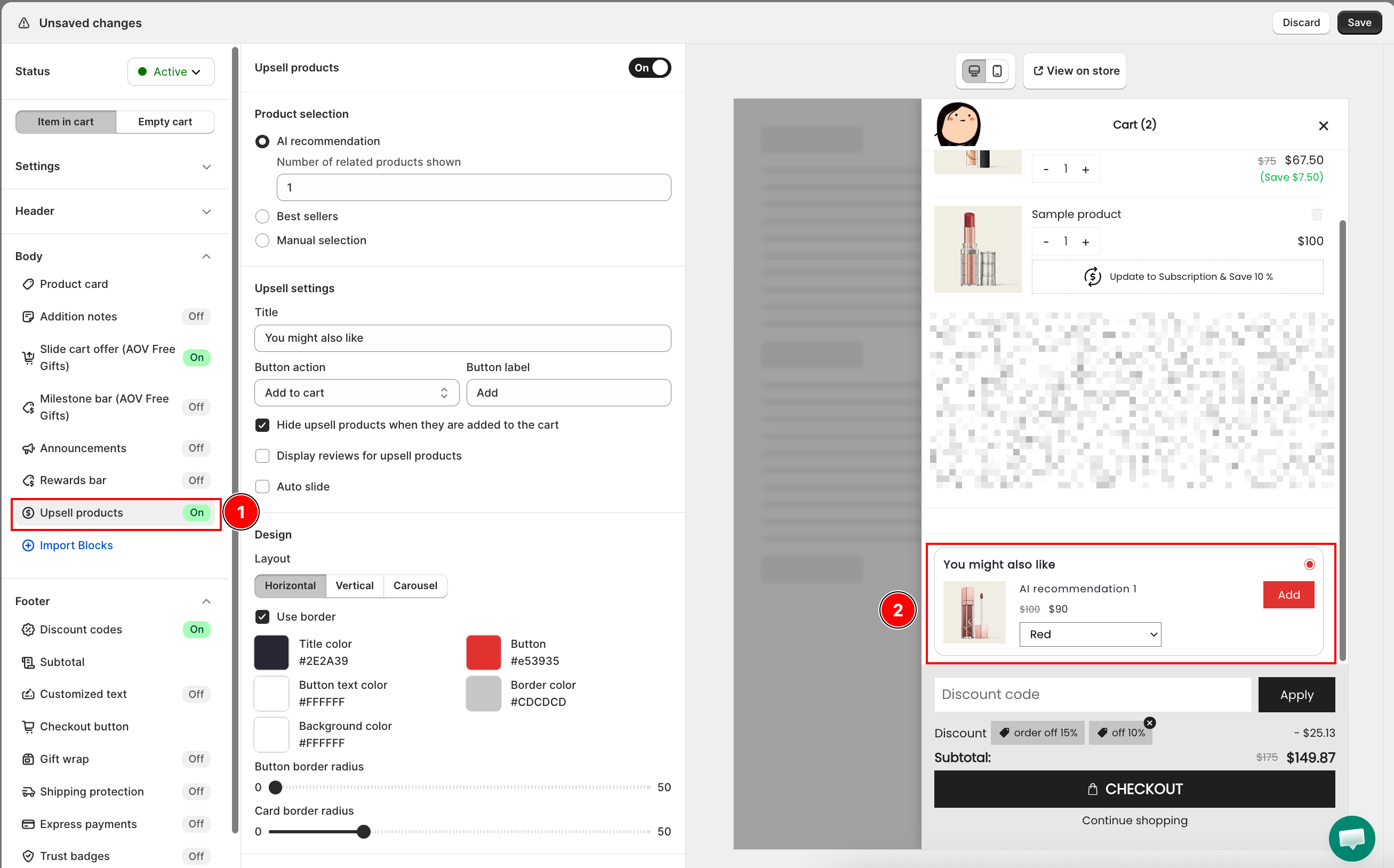 Upsell products settings and preview