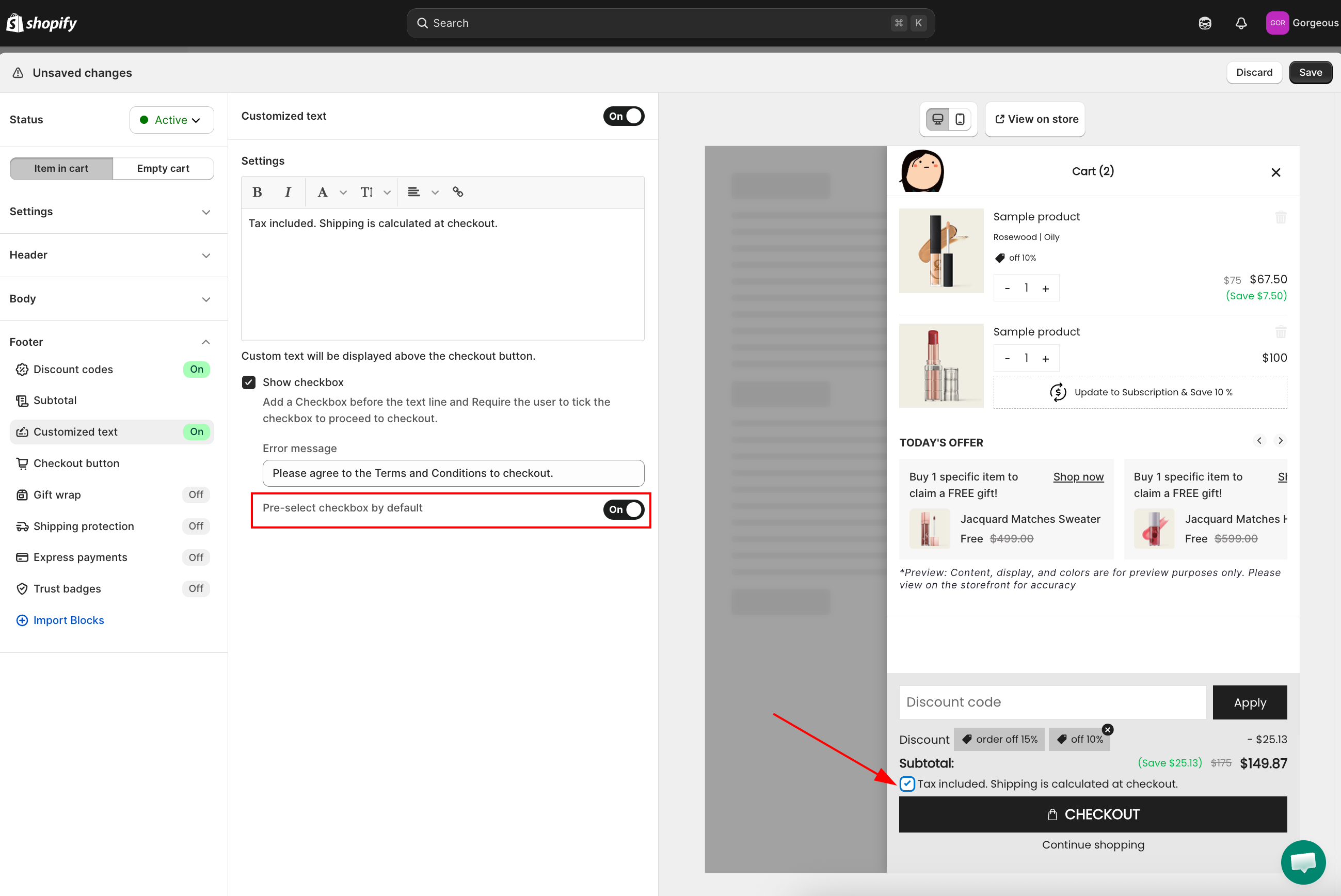 Pre-select checkbox by default toggle