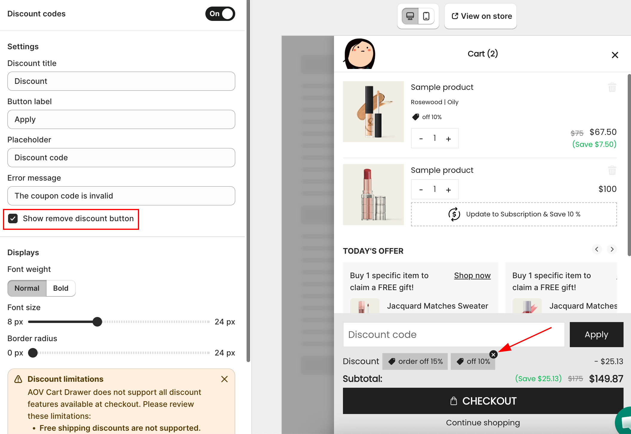 Show remove discount button