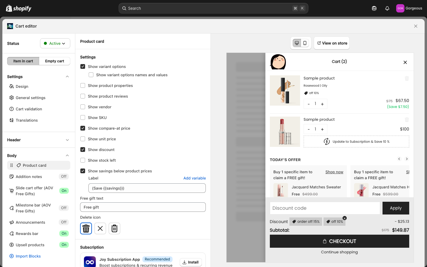 Product card settings with the Show product reviews checkbox