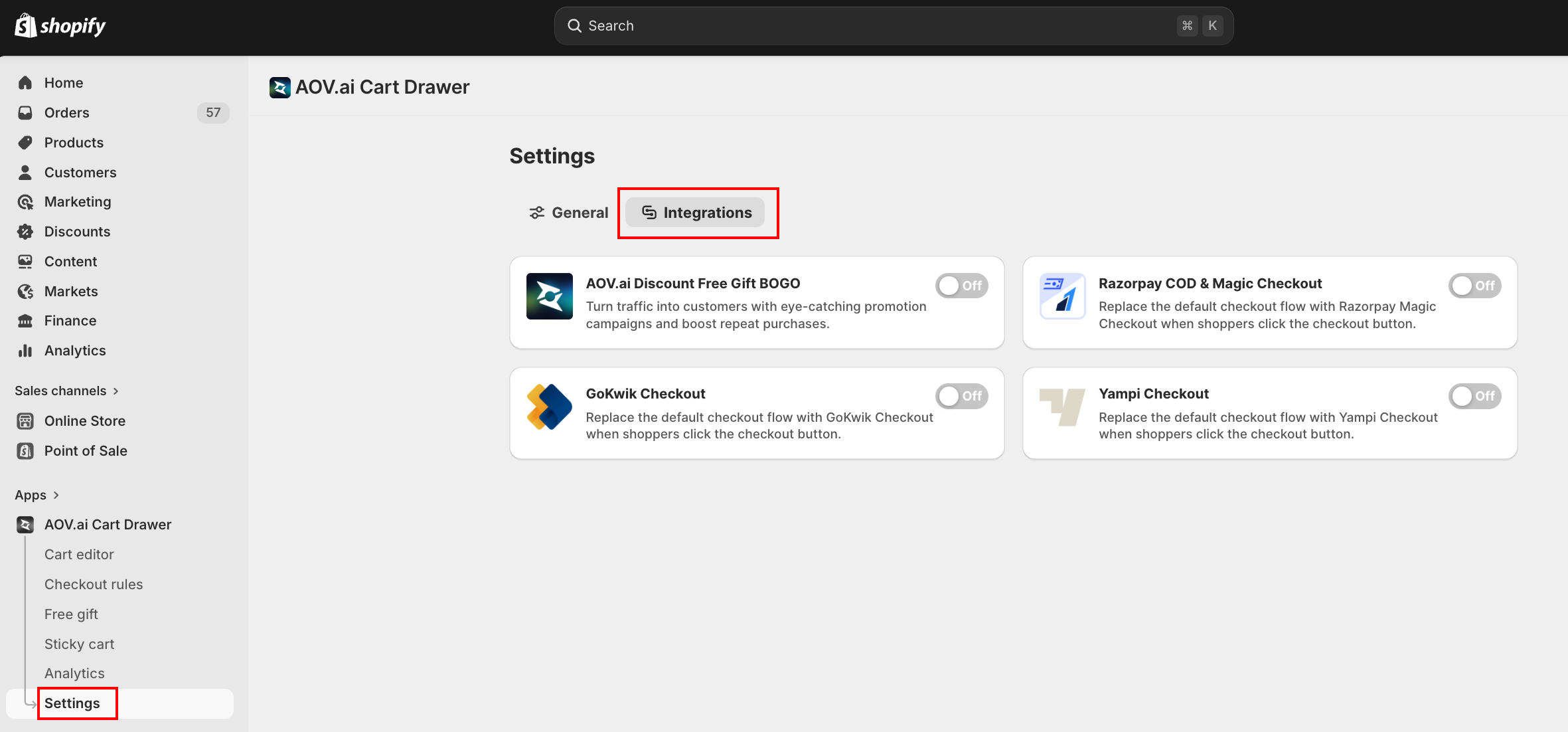 Settings Integrations tab