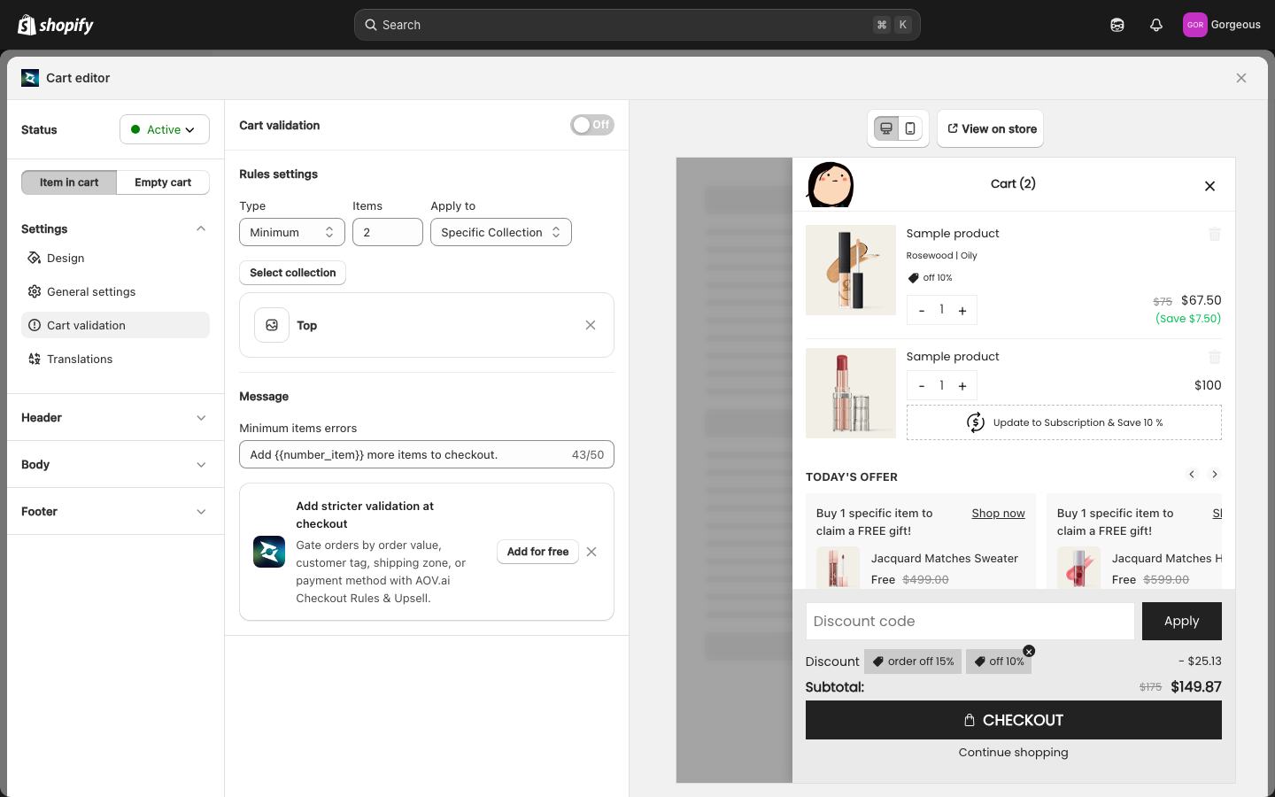 Cart validation section enabled