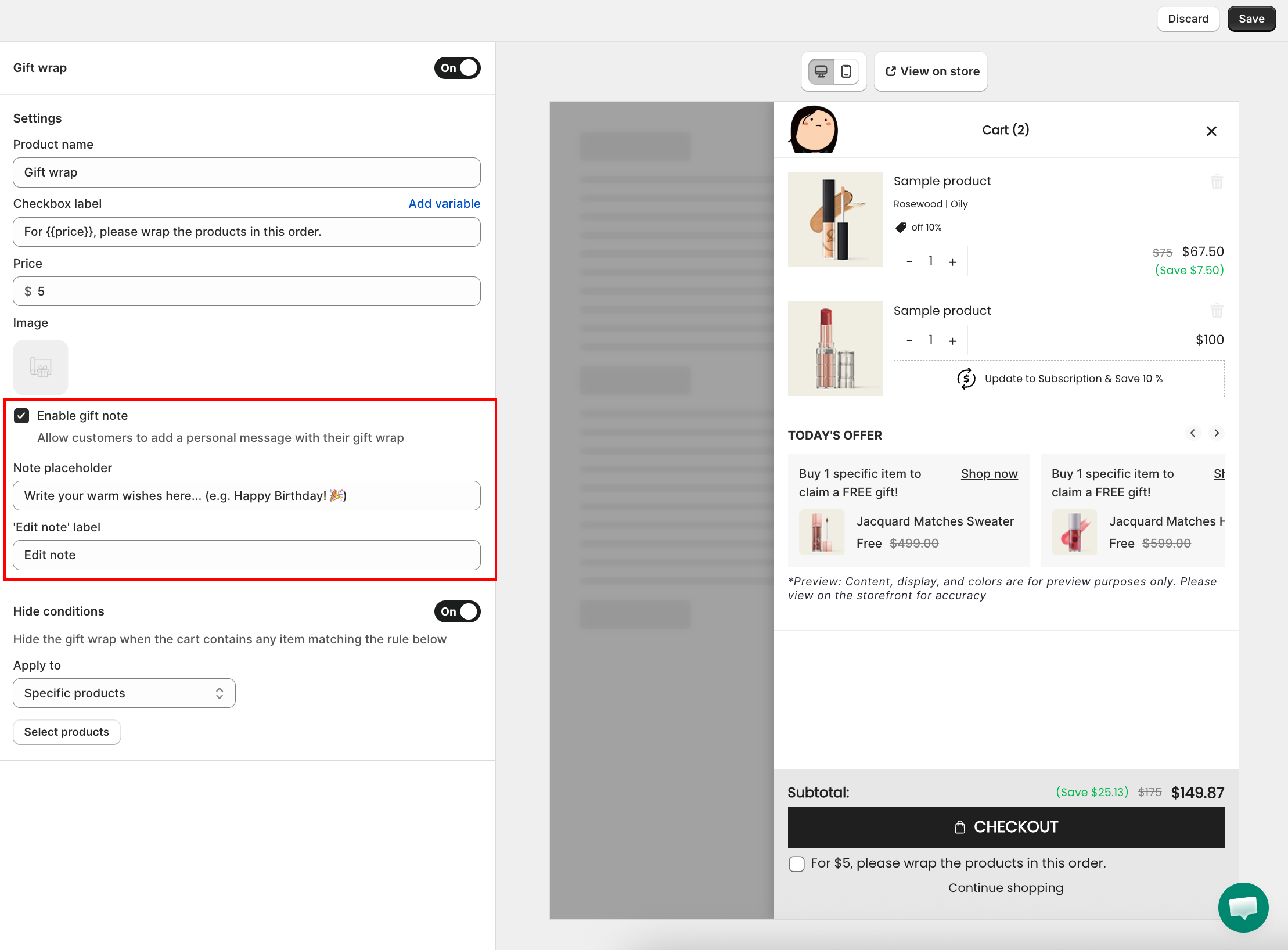 Enable gift note settings