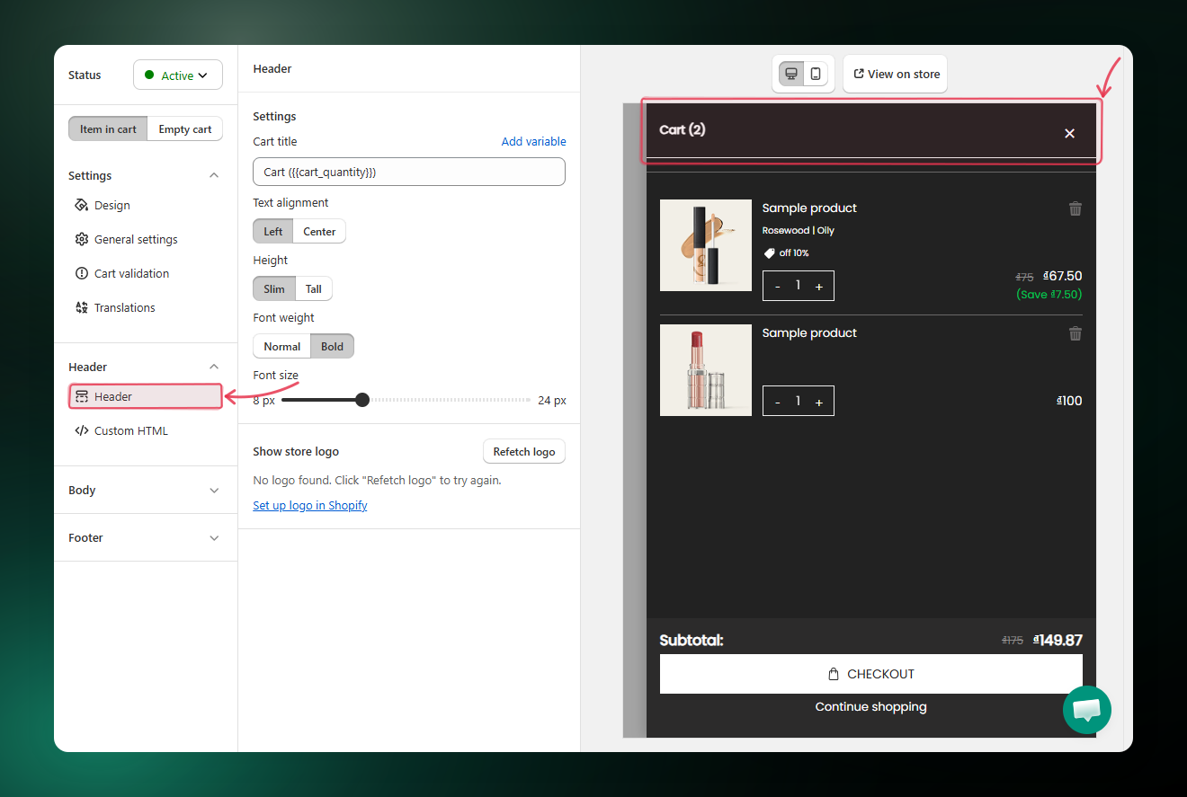 Header settings panel