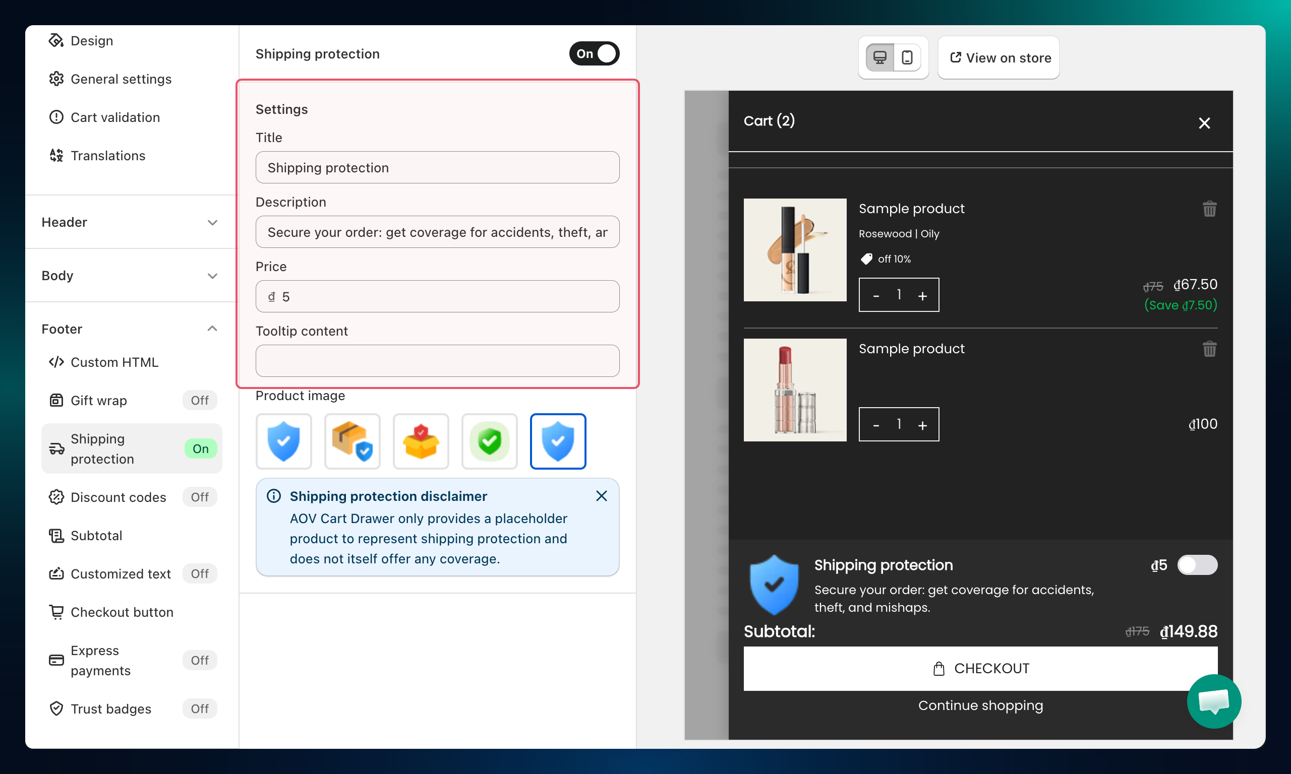 Price and tooltip settings