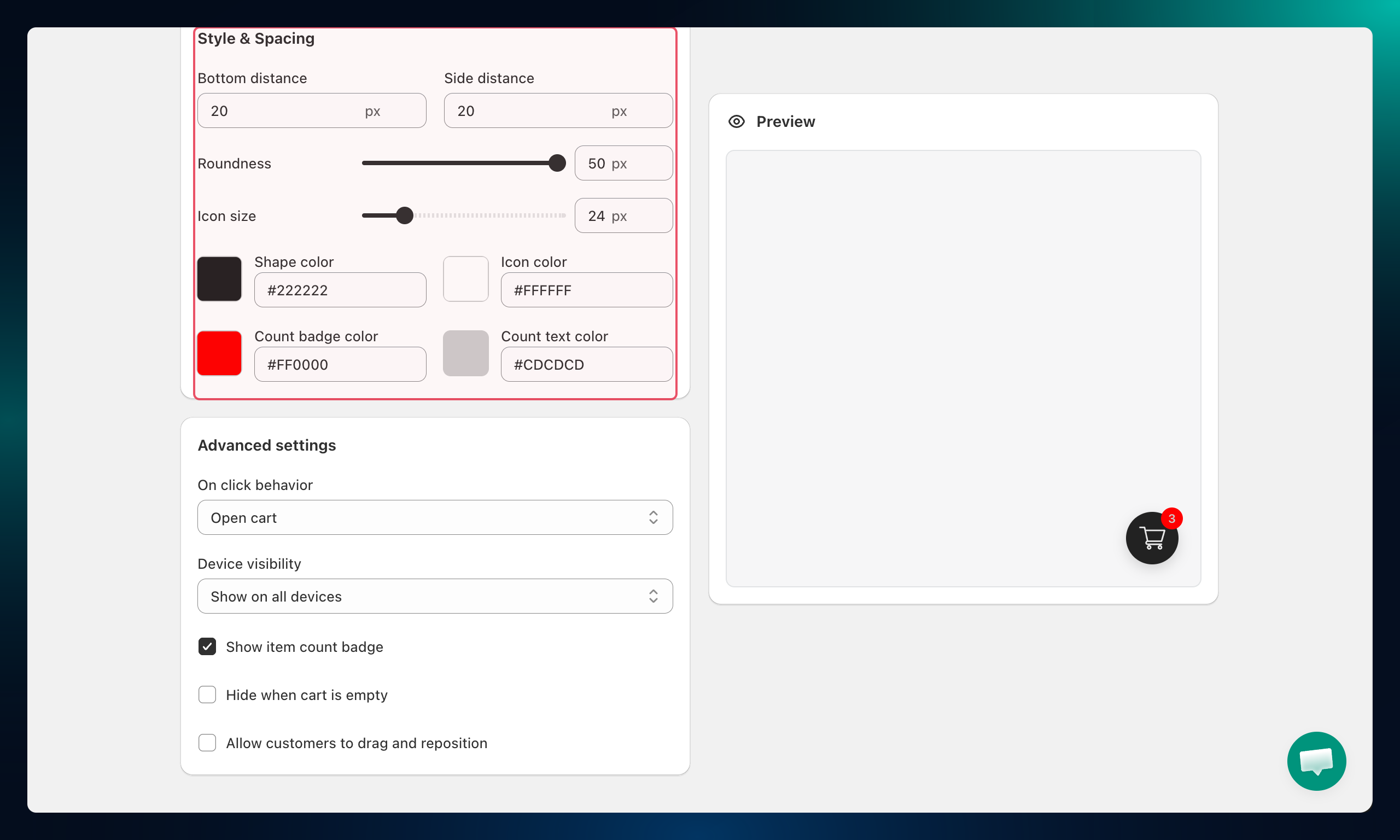 Style and spacing settings