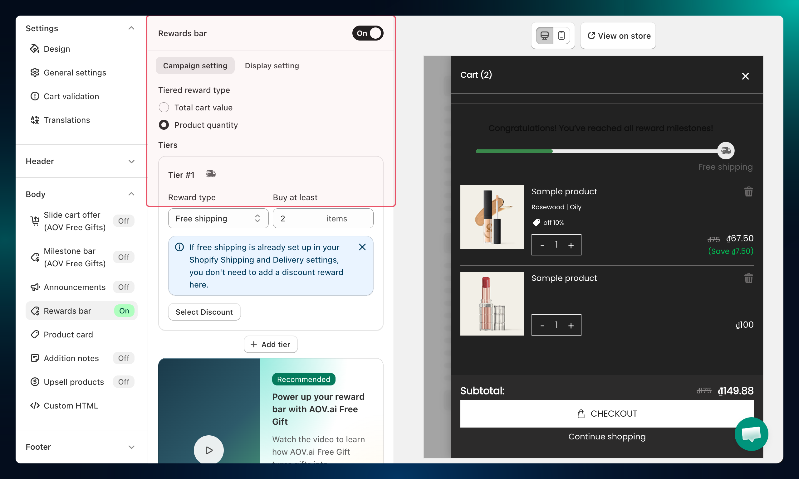 Open rewards bar and choose type