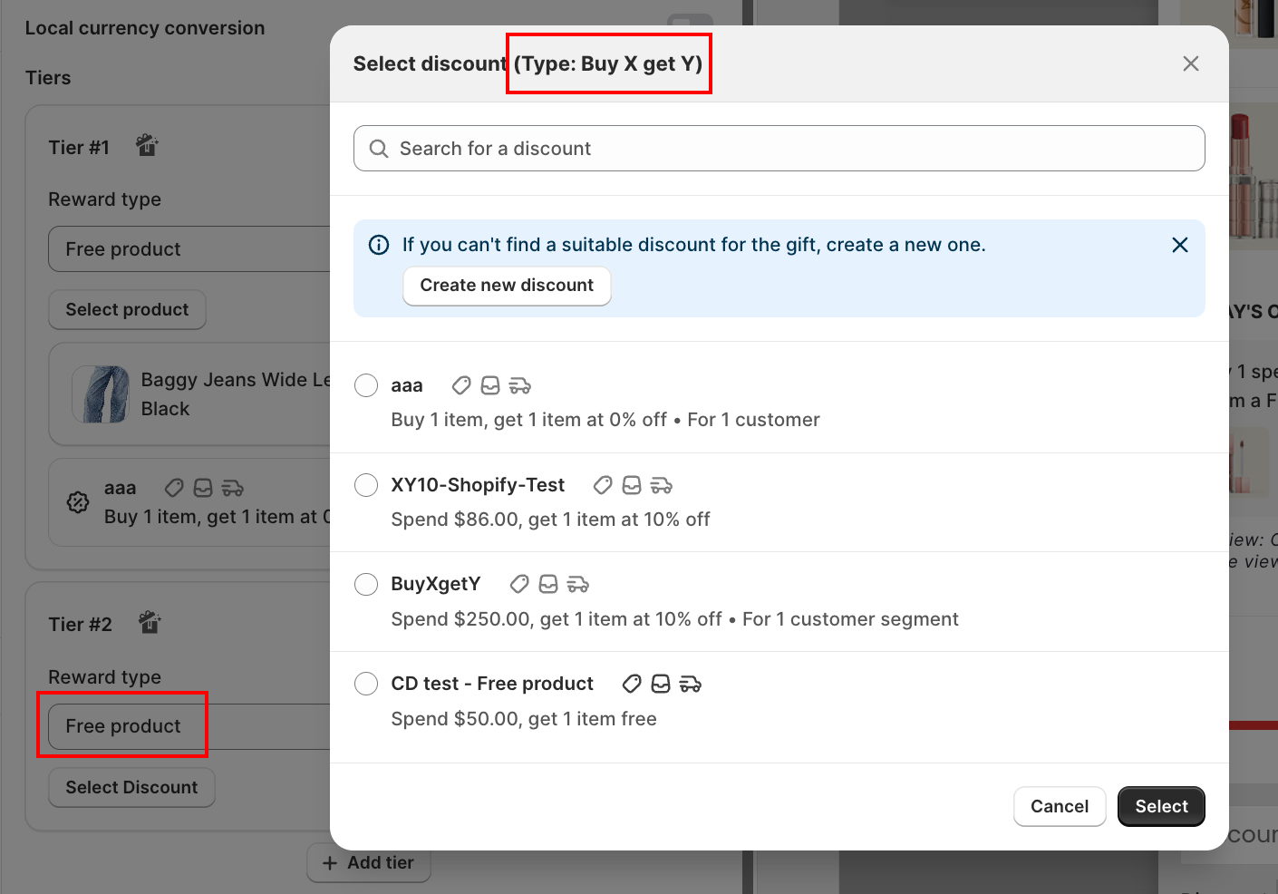 Select discount dialog showing Buy X Get Y type