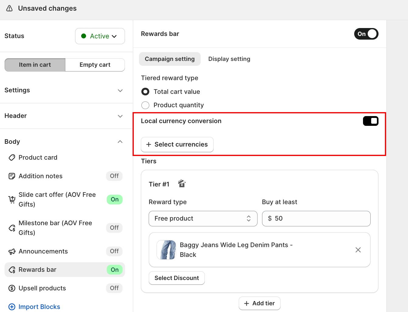Local currency conversion setting